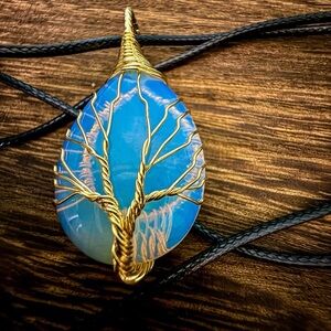 Opalite Tree of Life Pendant Necklace • Gold Wire Wrapped • Adjustable Cord